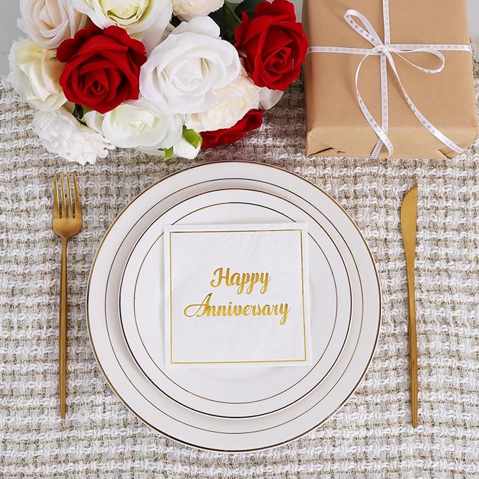 Vuzvuv 50 Pack Gold Foil Happy Anniversary Decorations Cocktail Napkins - Wedding Dating Anniversaries Party Dinner Hand Napkin for Party Supplies Decorations Table Decor (5" Folded 2 Ply)