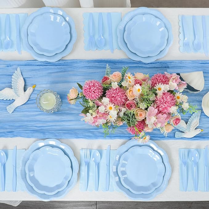 175 Pcs Light Blue Plates and Napkins Set, 25 Guest Blue Supplies Include Scalloped Easter Plates Napkin Cup Forks Knives Disposable Plastic Cutlery for Wedding Boy Baby Shower Birthday Banquet
