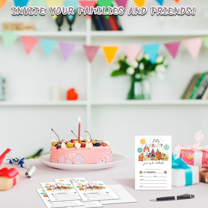 Puppy Dogs Birthday Invitations Cards, 4"x 6" Let's Pawty Theme Birthday Party Invites with Envelopes for Party Decorations Supplies(20 Pieces) -D03