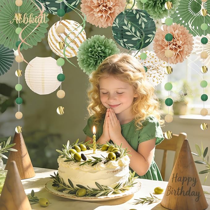 AOBKIAT Sage Green Party Decorations Kit for Birthday,Paper Decor with Flower,Lantern,Party Garland,Streamers for Netural Baby Shower,Bridal Shower,Boho Wedding,Bachelorette,Woodland Theme Parties