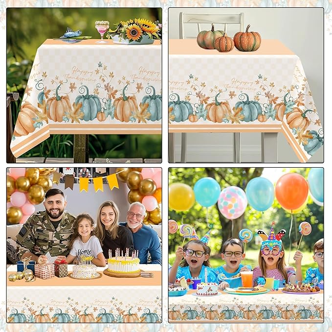 Childom 2 PCS Thanksgiving Disposable Tablecloths,Thanksgiving Decorations 54 x 108 Inch Orange Pumpkin Maple Table Cloths Plastic Table Cover for Rectangle,Home,Parties,Outdoor Picnic,Baby Showering