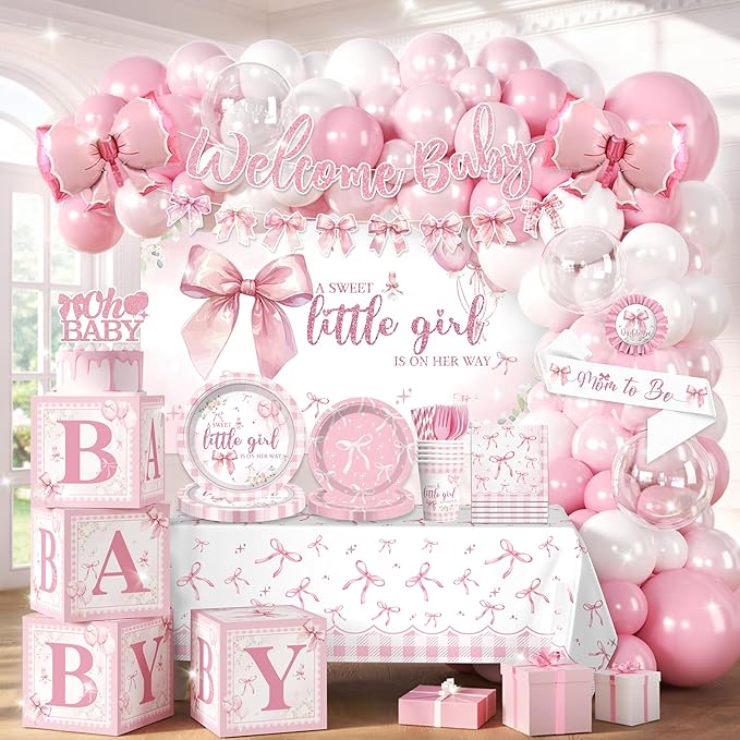 cocomigo 238 Pcs Pink Bow Baby Shower Decorations, All-in-One Party Pack for 20 Guests, Includes Tableware, Backdrop, Banner, Balloons and More for Bow Themed Baby Shower Decorations