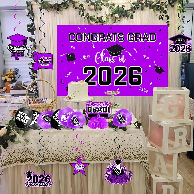 Graduation Decorations 2026 Purple Themed Set - Congrats Grad Banner, Class of 2026 Backdrop, Balloons & Streamers Kit - Complete Party Supplies for High School & College Celebrations