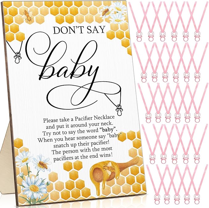 Geetery 51 Pcs Don't Say Baby Game Sign Cool Baby Shower Game 50 Pacifier Necklace Wooden Don't Say Sign Plastic Pacifier Party Favor for Gender Reveal(Bee,Pink)