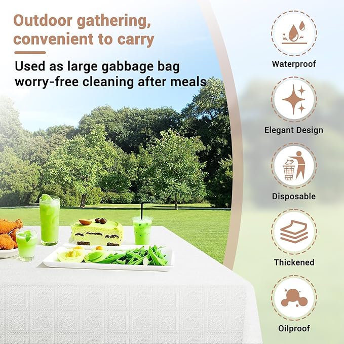 Disposable Table Cloth for Rectangle Tables 5 Pack, 54'' x 108'' White Paper Tablecloths for 3-9 Ft Tables, Paper & Plastic Party Table Cover for Outdoor, Birthday, Wedding, Banquet