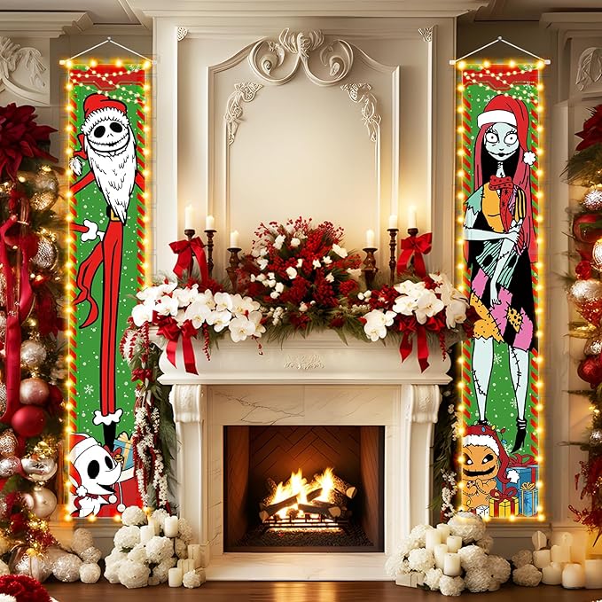 Jack Sally Lighted Banners Porch Signs Christmas Decor Christmas Nightmare Banner Christmas Decorations Outdoor Party Home