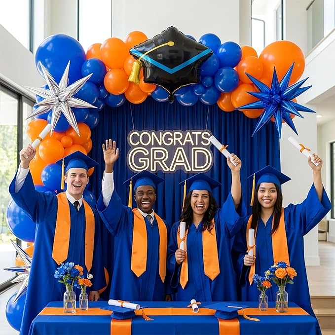 kozee royal blue and orange balloon garland arch kit 150+pcs with graduation cap Blue star mylar balloons for Men birthday 2026 Graduation Ceremony Prom decorations