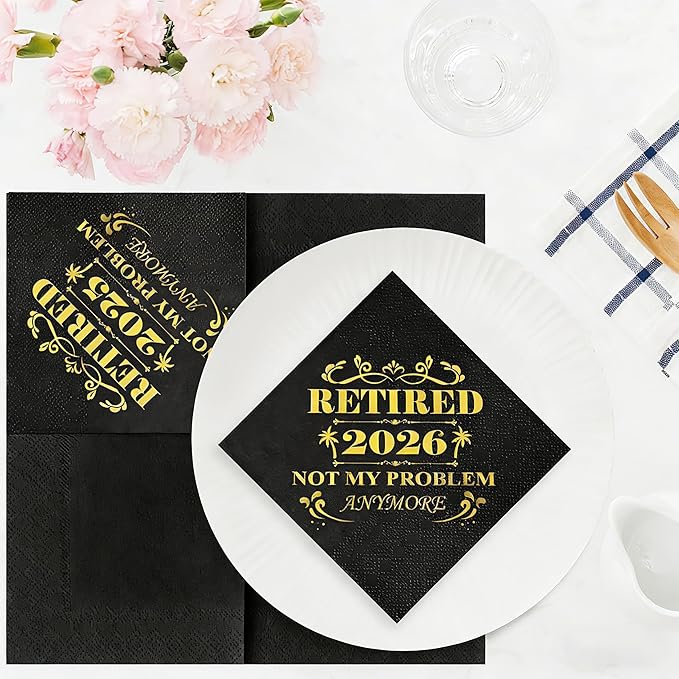 Retired 2026 Cocktail Napkins, 50 Pack 3-Ply Retirement Party Decorations Supplies, Black & Gold Disposable Napkins for Farewell,Coworker Goodbye & Going Away Celebration (5"x5")