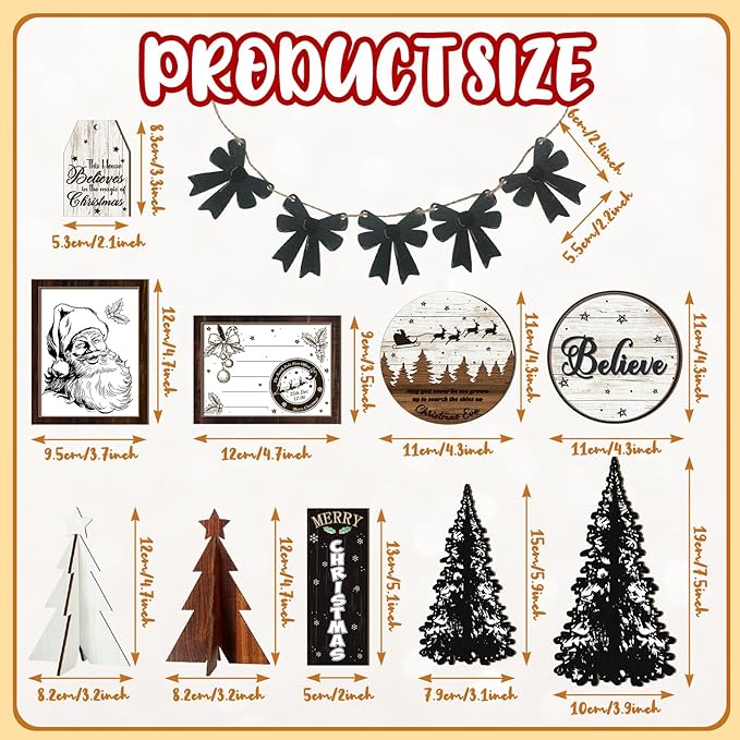 Christmas Tiered Tray Decor Wooden Sign Farmhouse Tier Tray Decorations for Home Xmas Winter Party Bathroom Kitchen Bedroom (Stylish Style, 15 Pcs)