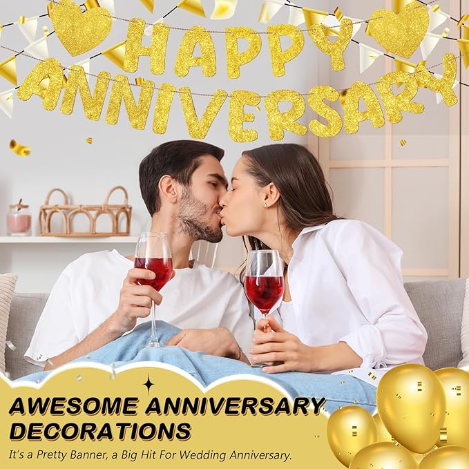 Fulmoon Happy Anniversary Banner Glitter Happy Anniversary Decorations Wedding Party Banner Romantic Decorations No DIY Pre-strung for Wedding Party Birthday Door(Gold)