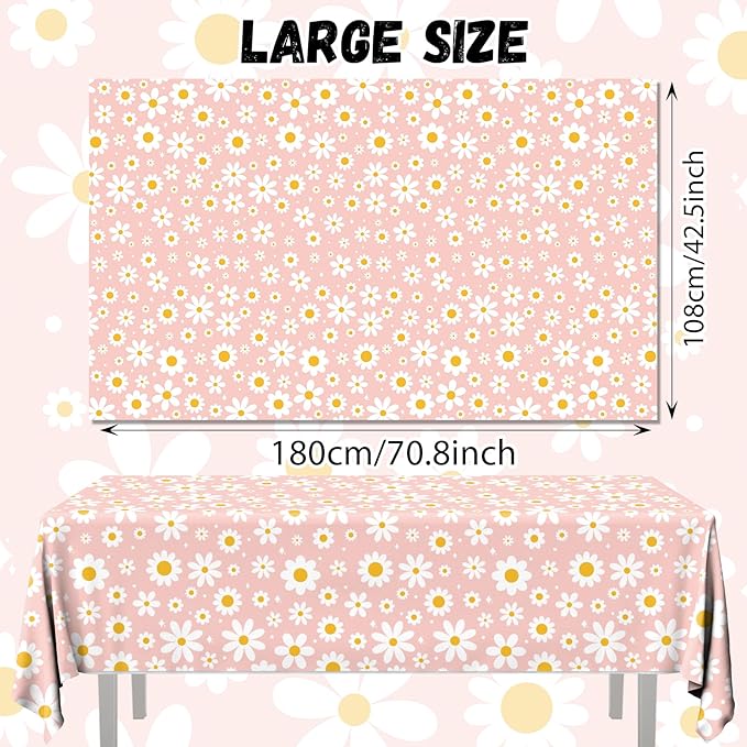 3Pack Tablecloth, Groovy Daisy Table Cover Pink Flower Birthday Party Decoration, Plastic Retro Hippie Boho Daisy Party Table Cloths for Girl Birthday Baby Shower Wedding Supplies