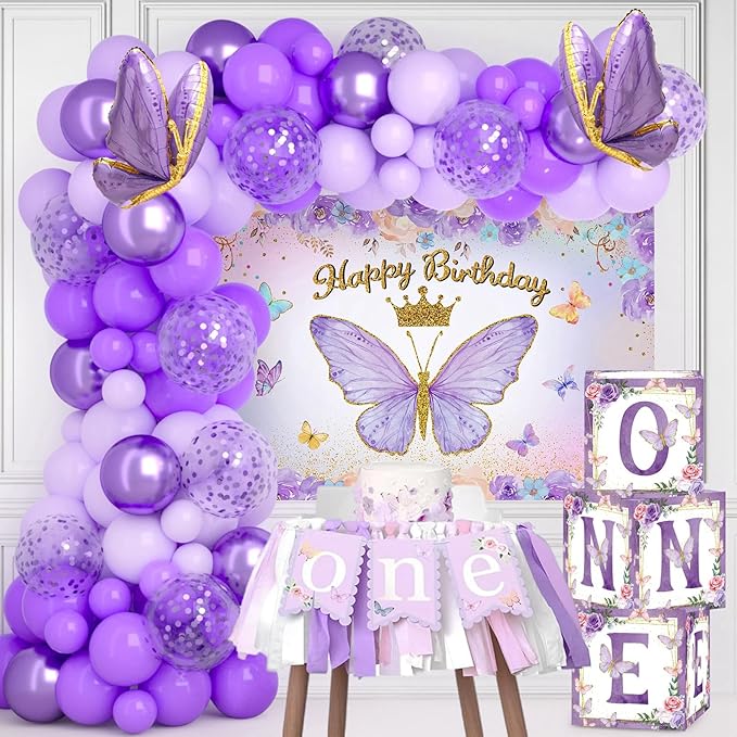 Butterfly First Birthday Decorations for Girl, Purple Butterfly Themed 1st Birthday Party Balloon Arch Kit with Backdrop Boxes Foil Balloons Wall Decor, Princess Bday Party Supplies
