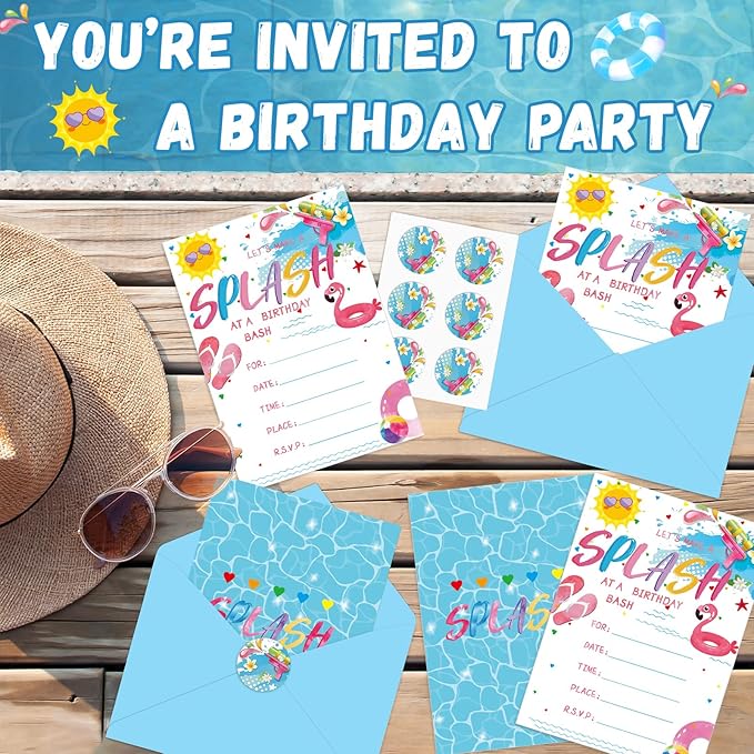 Qyeahkj 36pcs Pool Birthday Party Invitations for Girls Swimming Pool Party Invitation Card with Envelopes and Stickers for Kids Boys Baby Shower Summer Hawaiian Beach Party Favor Supplies Decorations