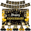 Happy Anniversary Decorations, Black and Gold Happy Wedding Anniversary Party Supplies - Happy Anniversary Banner,Backdrop 5.9 x 3.6Ft with 5pcs Honeycomb Centerpiece for Work Decorations