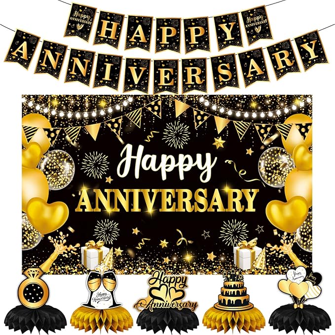 Happy Anniversary Decorations, Black and Gold Happy Wedding Anniversary Party Supplies - Happy Anniversary Banner,Backdrop 5.9 x 3.6Ft with 5pcs Honeycomb Centerpiece for Work Decorations
