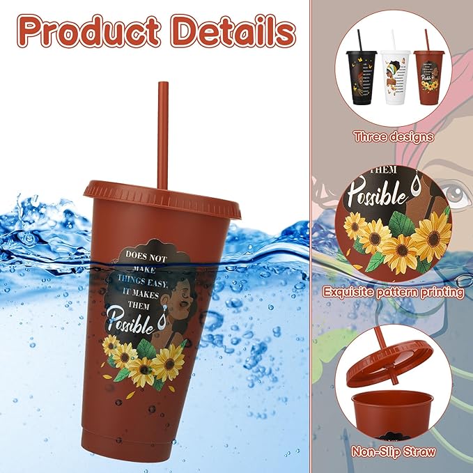 12 Pcs African American Cups with Lids and Straws, 24 oz Black Women Drinking Cups Black Owned Inspirational Gift for Women Lady
