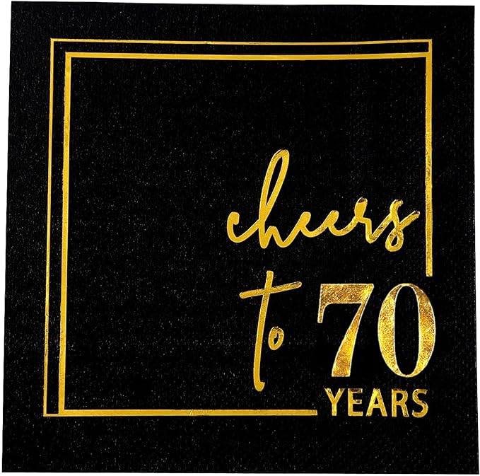 Cheers to Years Cocktail Napkins - 50 PK - 3-Ply Birthday Napkins 5x5 Inches Disposable Party Napkins Beverage Paper Napkins or Birthday Decorations Wedding Anniversary Black and Gold (70 Years)