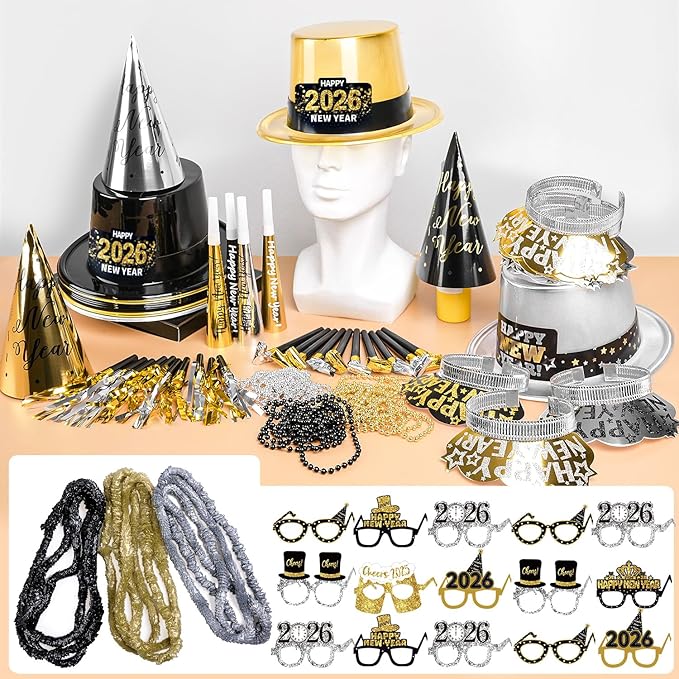 MOVINPE 2026 New Years Eve Party Supplies Bulk - Gold Black Slivery Top Hats, Cone Hats, Tiara, Glasses, Bead Necklace, Leis, Horns, Blowouts, Noiese Makers, New Year's Party Favors Event Supplies