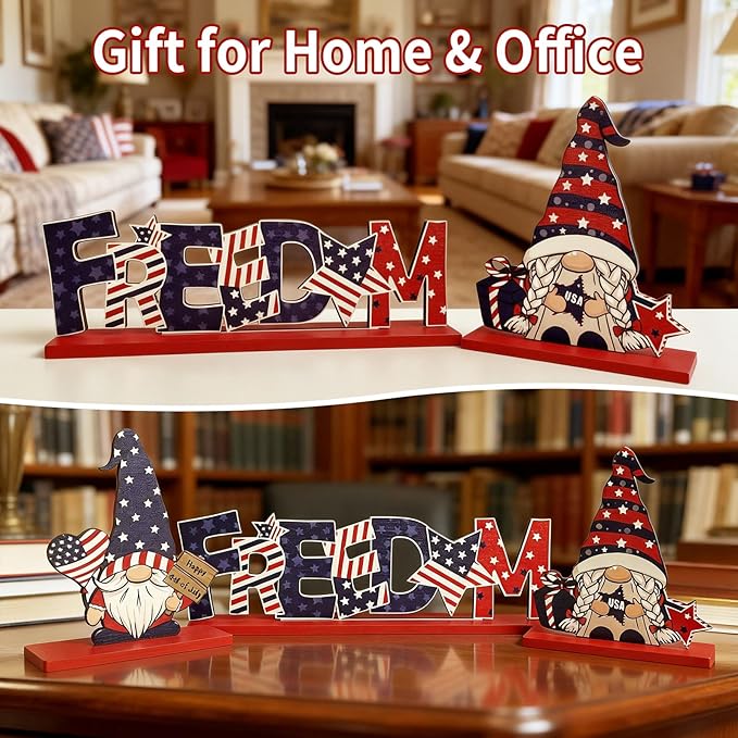 4th of July Table Decorations Patriotic Desk Decor 3 Pcs Wooden Gnomes Freedom Memorial Day Red White and Blue Decor