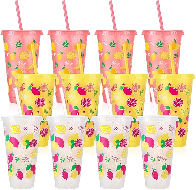 12 Pcs Lemon Cups with Lids and Straws, 24 OZ Reusable Drinking Cups Bulk for Summer Fruit Party Birthday Baby Shower Supplies