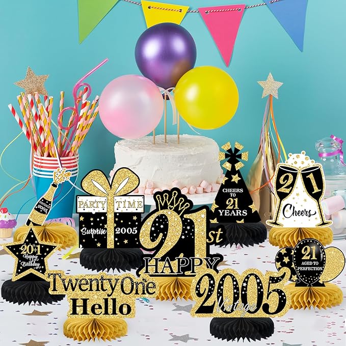 9Pcs Black Gold 21st Birthday Decorations Honeycomb Centerpieces for Girls,Happy 21st Birthday Centerpieces Tables Toppers Party Decorations Supplies,Vintage 2005 Aged Table Sign Decor