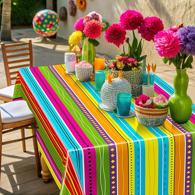 3 Pcs Cinco De Mayo Decorations, Disposable Fiesta Tablecloths (54 X 108 Inches), Rectangle Table Covers with Colorful Serape Stripe Plastic Dinnerware Kitchen Decor for Mexican Themed Party Favors