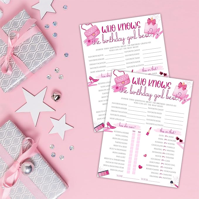 6"X8" Who Knows The Birthday Girl Best - Watercolor Girl's Accessories - Funny Double-Sided 3-in-1 Game Card Set For Girls Birthday Party, Sleepover Party Activities, Favor & Supplies (20 Pcs)- A07