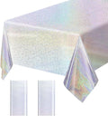 2 Pack Silver Iridescent Plastic Tablecloth Disposable 54 × 108 Inch Glitter Holographic Foil Table Cloth Plastic Laser Rectangle Table Cover for Birthday Wedding Disco Party