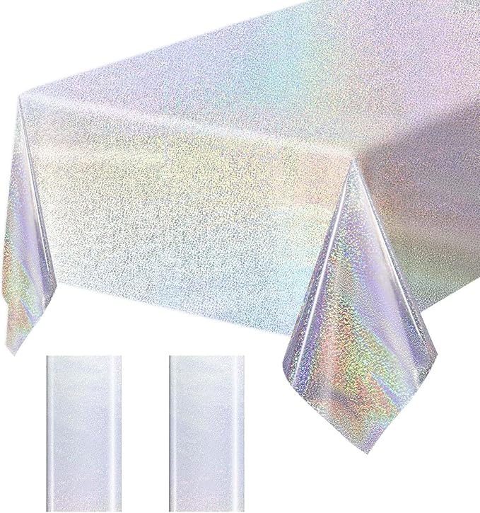 2 Pack Silver Iridescent Plastic Tablecloth Disposable 54 × 108 Inch Glitter Holographic Foil Table Cloth Plastic Laser Rectangle Table Cover for Birthday Wedding Disco Party