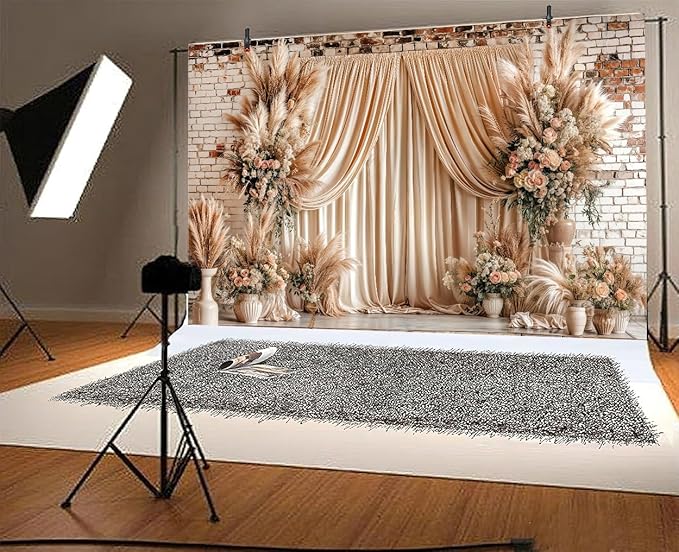 7X7ft Boho Floral Wedding Backdrop Wall Background Photography Beige Vintage Flowers Backdrops for Parties Wedding, Girls Birthday Princess Weeding Bridal Shower Floral Anniversary Ceremony Decor