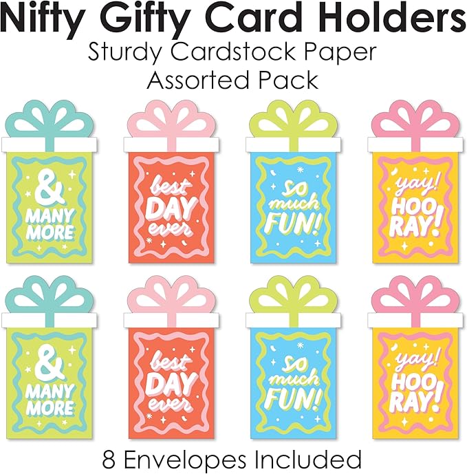 Big Dot of Happiness Party Time - Happy Birthday Party Money and Gift Card Sleeves - Nifty Gifty Card Holders - Set of 8