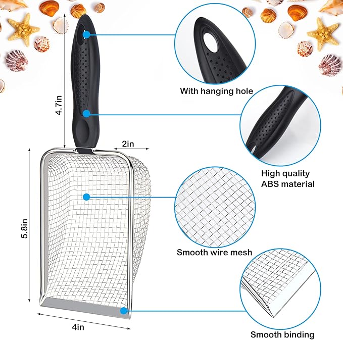 Vodolo 2 PCS Beach Mesh Shovel with 2 PCS Mesh Beach Bag for Filter Sand, Kids Shell Collecting Scooper for Picking Up Shells, Shark Tooth Sifter for Boys and Girls, Beach Toy