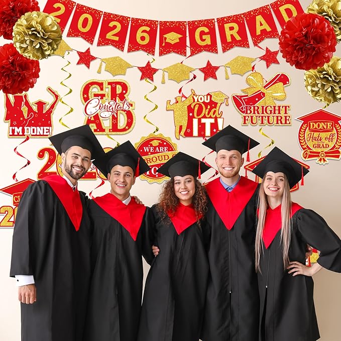 Red and Gold Graduation Decorations, 2026 Grad Banner and Congrats Grad Hanging Swirls, Red and Gold Graduation Banner Graduations Hanging Swirls College Graduations Party Decorations Class of 2026