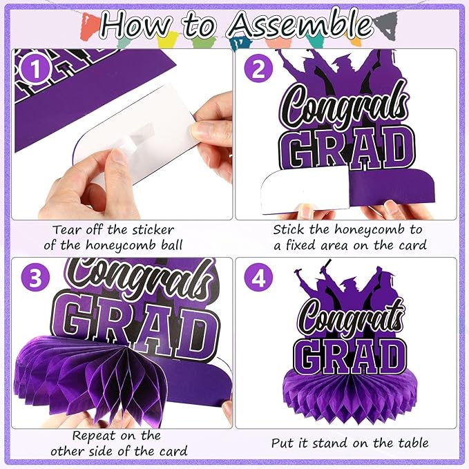 Yisong 9 Pieces 2026 Graduation Party Table Decorations Class of 2026 Congrats Graduation Centerpieces for Tables Congratulate Honeycomb Centerpiece Topper for Grad Party Supplies (Purple)
