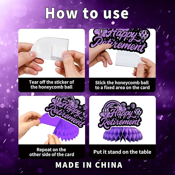 12Pcs Retirement Party Decorations for Men Women Purple Black Happy Retirement Banner Honeycomb Centerpiece Swirls Party Supplies Retired Farewell Party Set Work Graduation Party Decorations