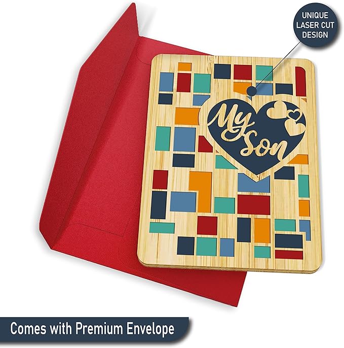 Birthday Card For Son Adult - | Made from Real Bamboo | 6" X 4.5" - 1 Pack (Envelope Included) | Laser Cut, Geometric Pattern Themed Son Birthday Cards From Mom & / Or Dad
