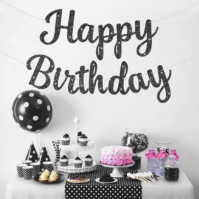 Glitter Happy Birthday Banner Sign Birthday Garland Wall Door Banners Flag for Women Men Boys Girls Party Backdrop Decorations Black