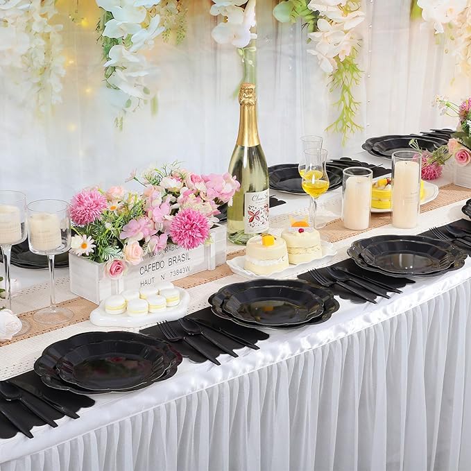 175 Pcs Black Plates and Napkins Set, 25 Guest Black Party Supplies Include Scalloped Plate Paper Napkin Cup Forks Knives Disposable Plastic Cutlery for Wedding New Year Birthday Holiday Party