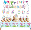 Easter Party Decorations 33PCS Kit – Bunny & Egg Banner, Cake & Cupcake Toppers, Hanging Swirls & Tablecloth for Family Spring Party