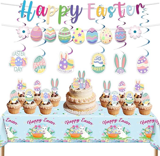 Easter Party Decorations 33PCS Kit – Bunny & Egg Banner, Cake & Cupcake Toppers, Hanging Swirls & Tablecloth for Family Spring Party
