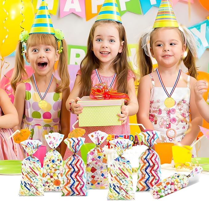 Docvania Cello Cellophane Treat Gift Bags Rainbow Cookie Bags 100 pcs 5 X 11 Goodie Bag with Ties for Mother's Day, Valentine's Day and Parties, Weddings