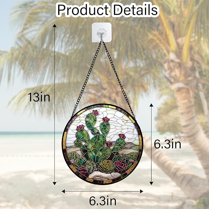 Stained Glass Window Hanging,Green Cactus Purple Flowers Suncatcher Diamond Glass Panel Sun Catchers Decor for Birthday for Women, Men, Wife, Aunt, and Mom 6.3 in