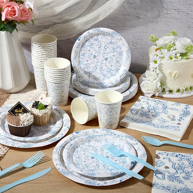 175 Pcs Something Blue Before I Do Bridal Shower Party Tableware Sets Something Blue Paper Plates Cup and Napkins Bridal Shower Disposable Tableware for 25 Guests for Wedding Engagement Bachelorette
