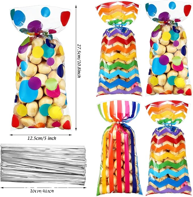 105 Pcs Rainbow Cellophane Treat Bags Bulk Rainbow Party Favor Goodie Gift Bags with Twist Ties for Candy Cookie Birthday Classroom Wedding Anniversary Baby Shower Party Supplies