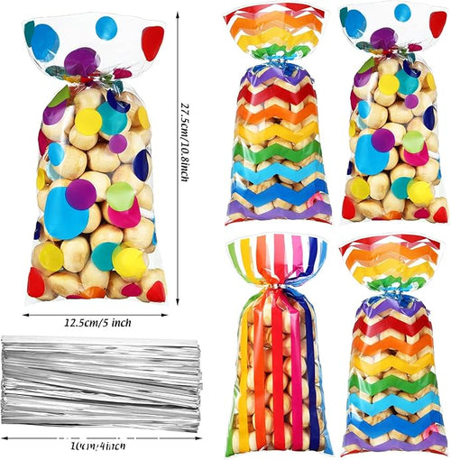 105 Pcs Rainbow Cellophane Treat Bags Bulk Rainbow Party Favor Goodie Gift Bags with Twist Ties for Candy Cookie Birthday Classroom Wedding Anniversary Baby Shower Party Supplies