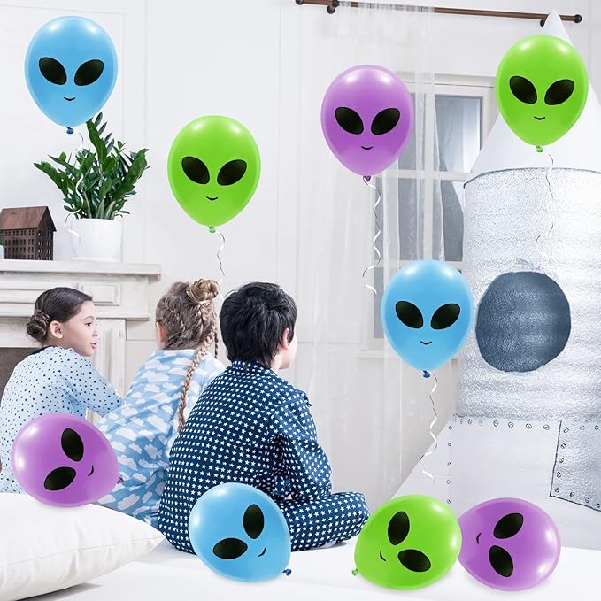 Whaline 65Pcs Alien Balloons Green Blue Purple Alien Party Latex Balloons UFO balloons Outer Space Aliens Decorations for Birthday Party Baby Shower Supplies Home Backdrop Decorations