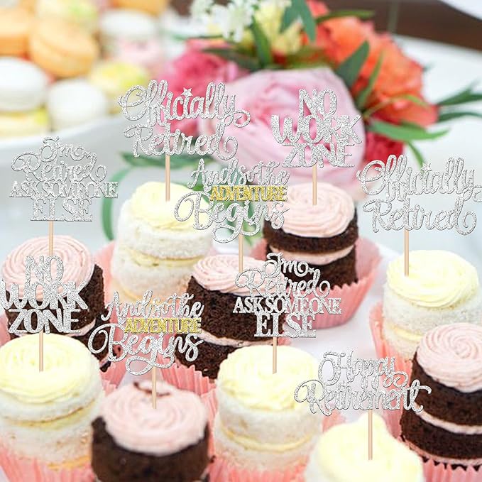 30 PCS Happy Retirement Cupcake Toppers Officially Retired No Work Zone Adventure Begins Cupcake Picks for Retirement Theme Farewell Birthday Party Cake Decorations Supplies Silver