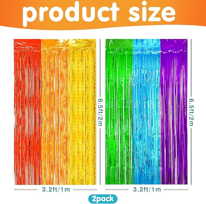 MYUPDALIN 2 Pack Rainbow Foil Fringe Curtains Decorations, Colorful Fringe Backdrop, Birthday and Dance Party Backgrounds