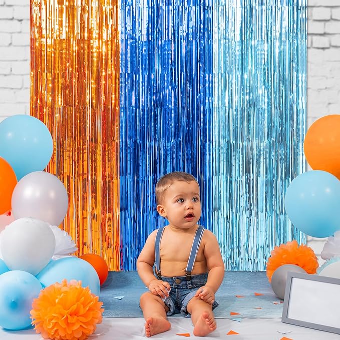 6 Pack 3.3X6.6Ft Blue Dog Foil Fringe Curtains Backdrop Decorations, Orange and Light Blue Birthday Party Tinsel Metallic Streamers Photo Booth Background for Dog Theme Party Supplies