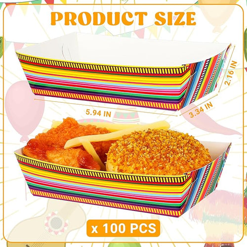 100 PCS Cinco De Mayo Plates, Large Capacity Mexican Plates, Serape Cinco De Mayo Food Trays Fiesta Hot Dog Trays Mexican Trays for Serving Food, Disposable Fiesta Party Decorations